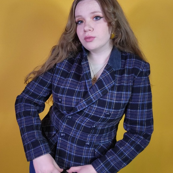 Vintage Maurices Blue Wool Plaid Blazer, M - Picture 1 of 4